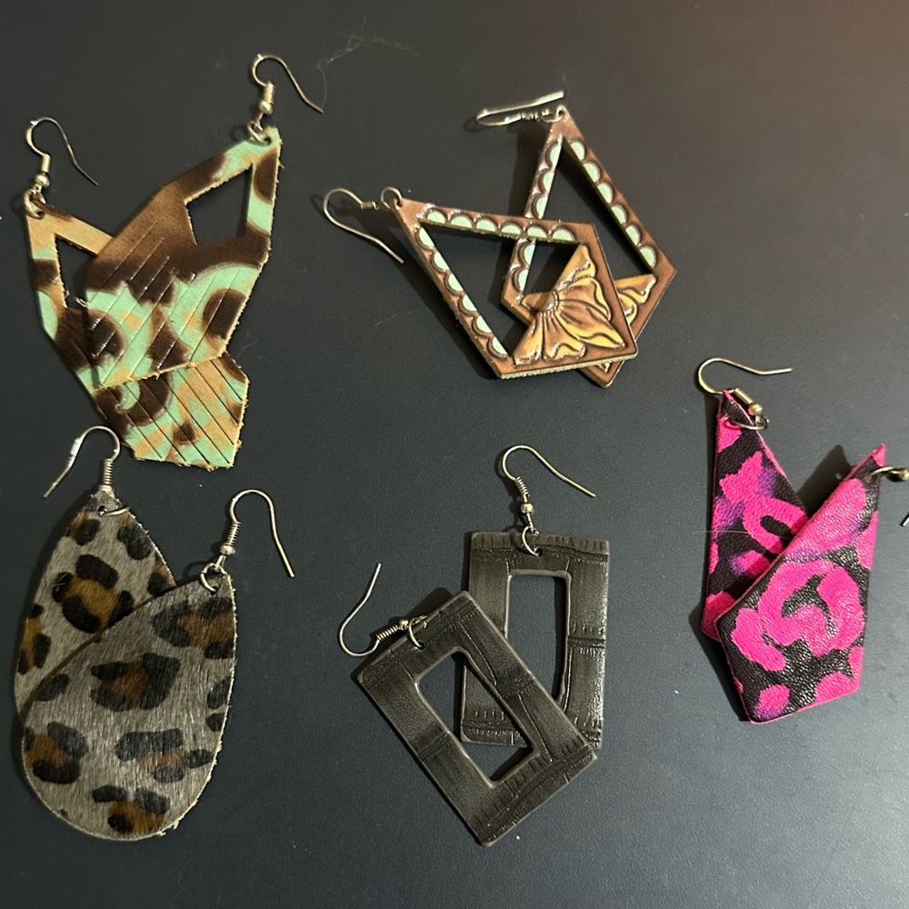 Group of five Western Design Handmade Leather Earrings.